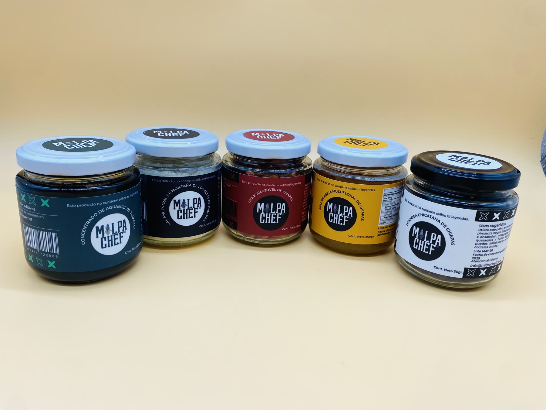 Selección MilpaChef jars: aguamiel concentrate, mountain salt, Simojovel chile, multifloral honey and chicatana ant powder
